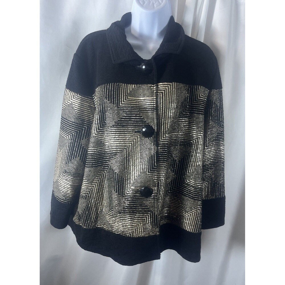JM Collection Women’s Gold/Black Geometric Print Jacket Cardigan Size XL Y2K